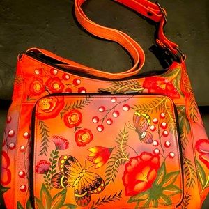 Anuschka hand painted leather bag purse with butterflies and flowers.